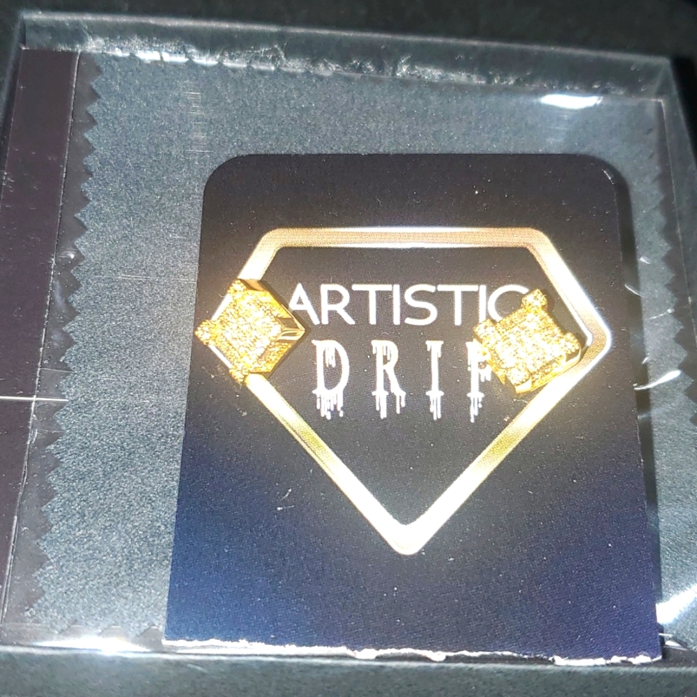 CZ Hand Set 9mm Cube Gold Mens Stud Earrings